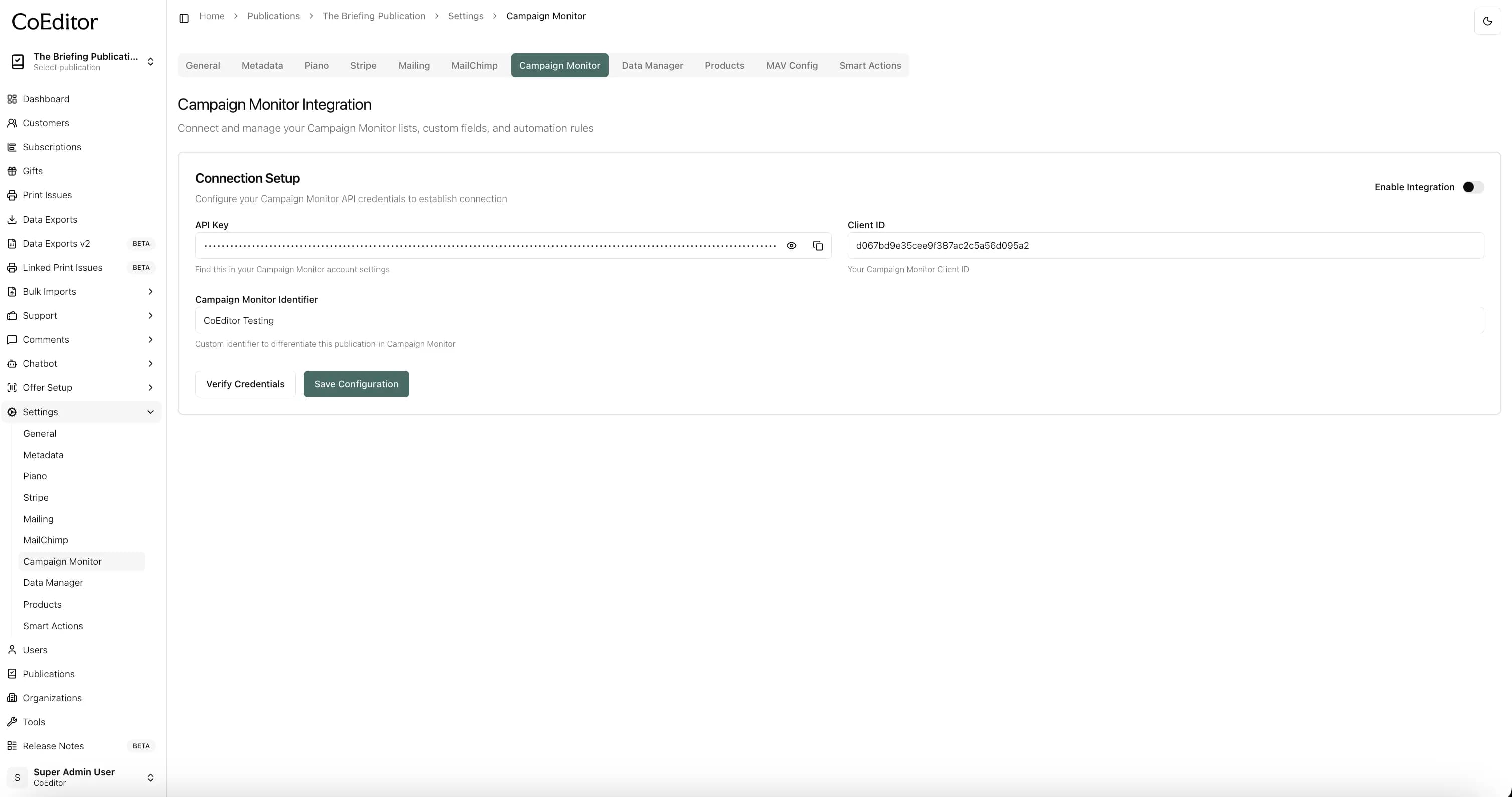 Enter API key and client ID, then verify and save