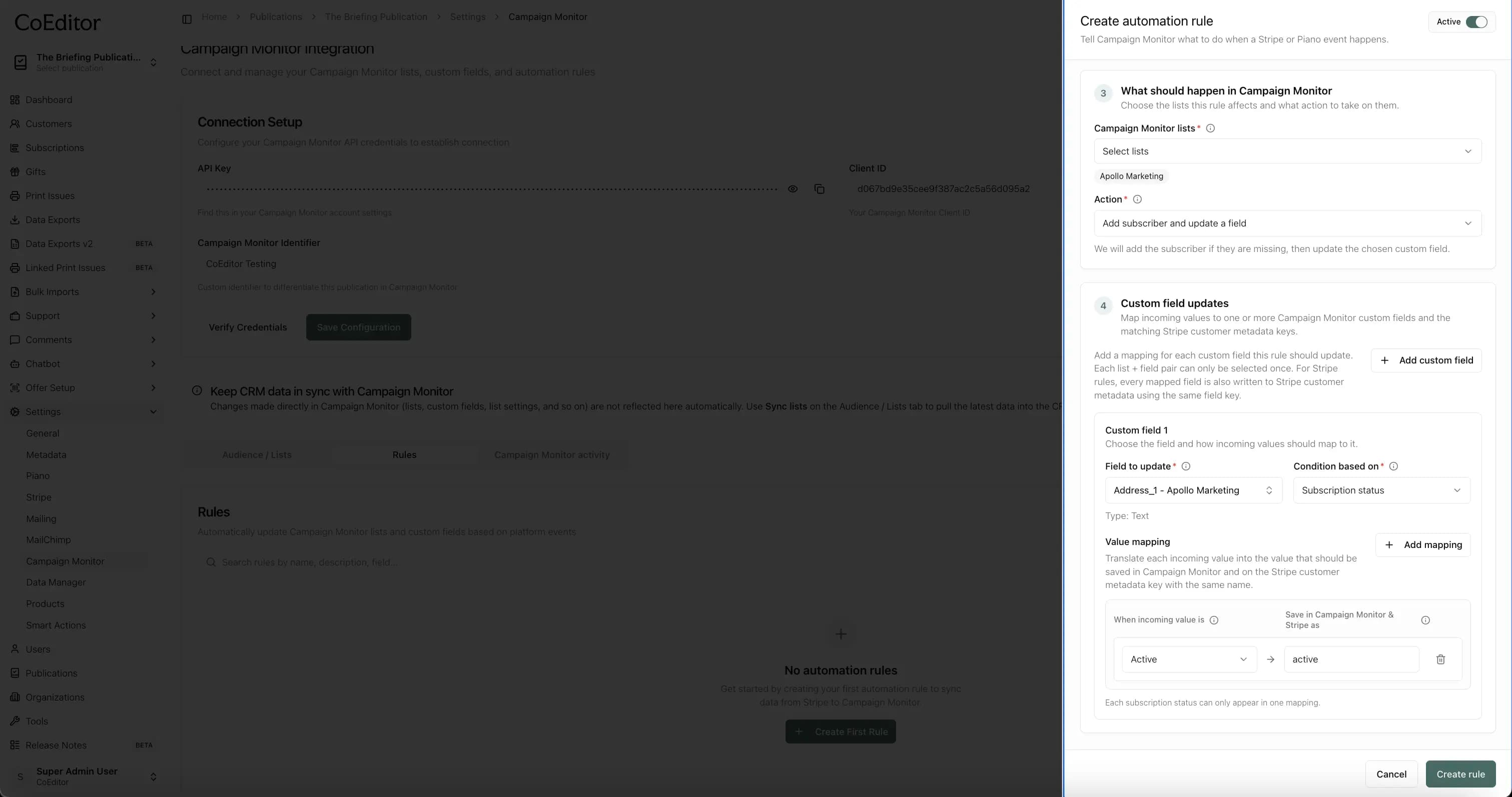 Configure events, lists, actions, and field mappings