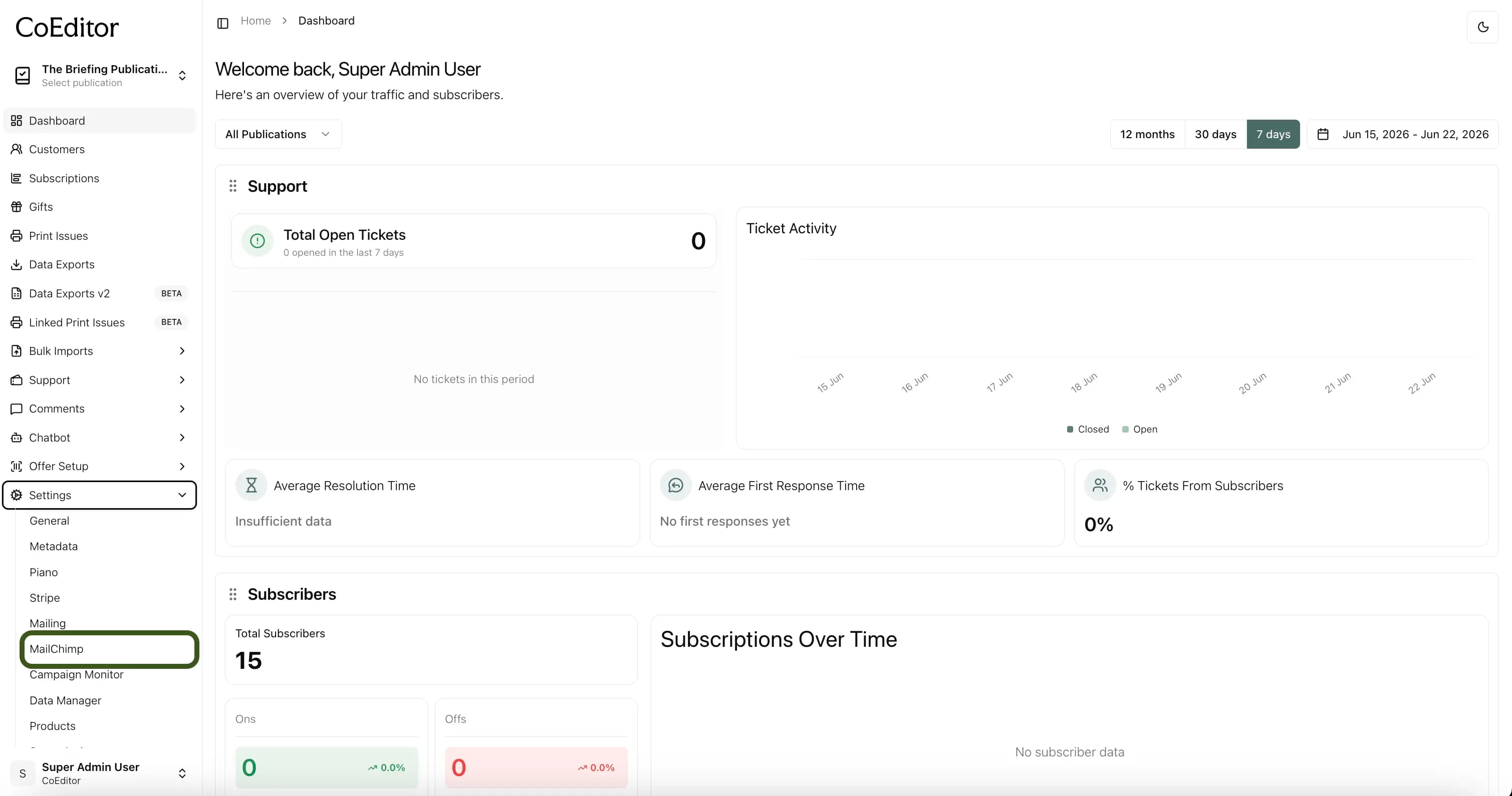 Open Settings and select the Mailchimp tab