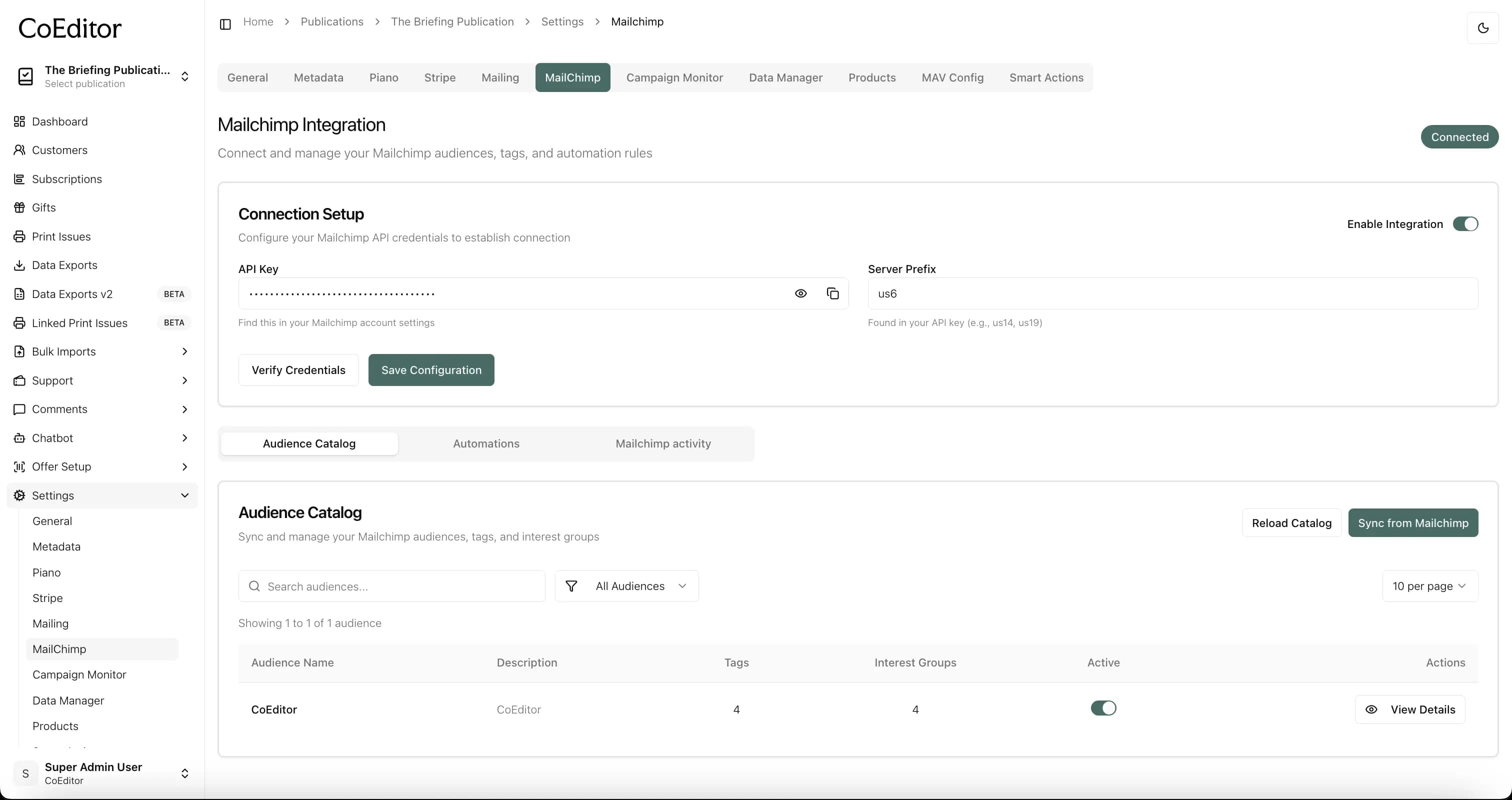 Enter API key and server prefix, then verify and save