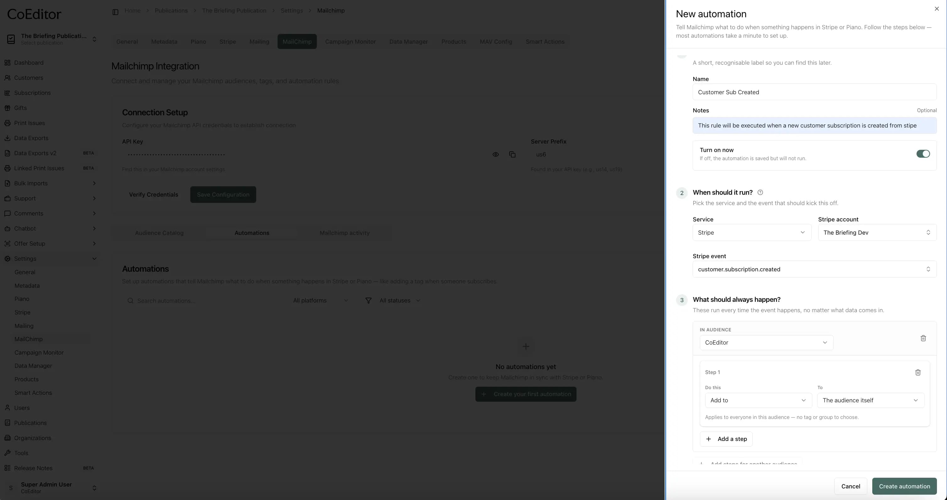 Rule editor — name, platform, and event