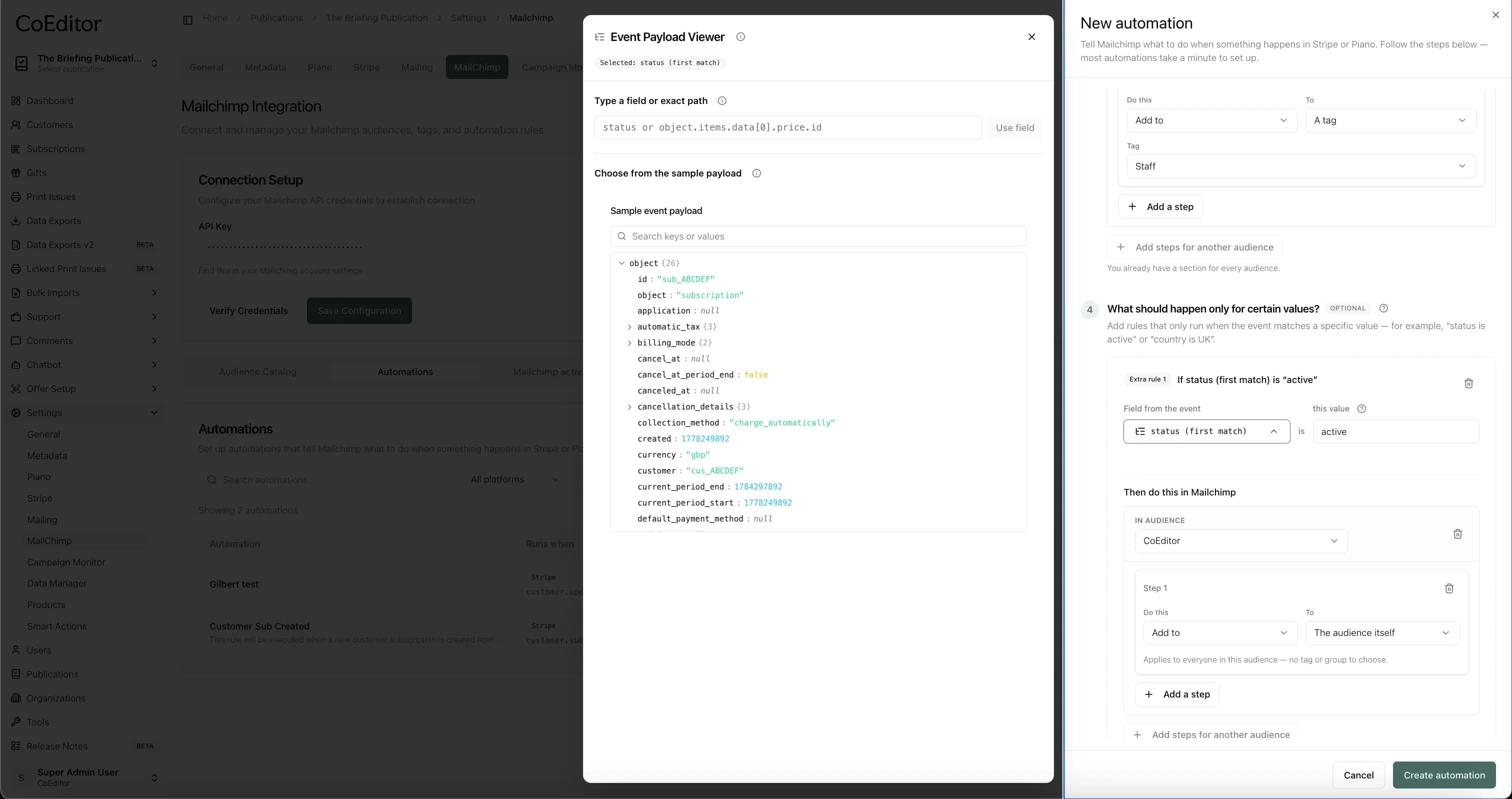 Extra rules — payload field, value, and conditional steps