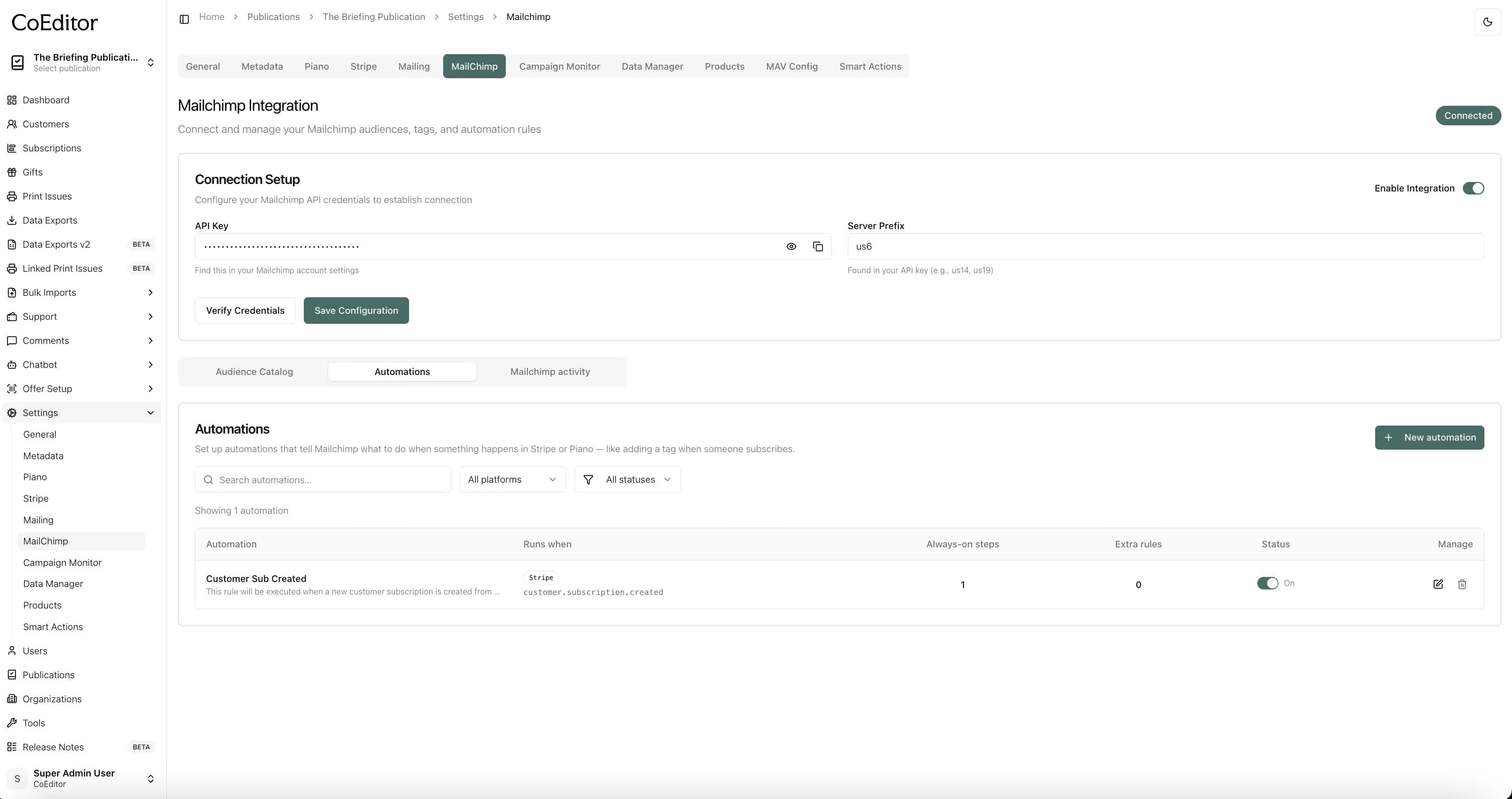 Automations list with saved rules